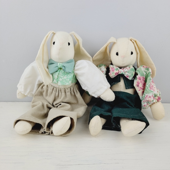 Handmade White Bunny Rabbits with Clothing Easter Shelf Plush Decorative Bunnies - Picture 2 of 15